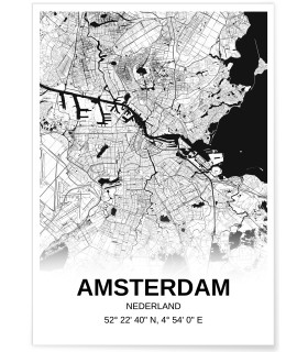 Affiche carte Amsterdam - rectangle Noir et Blanc