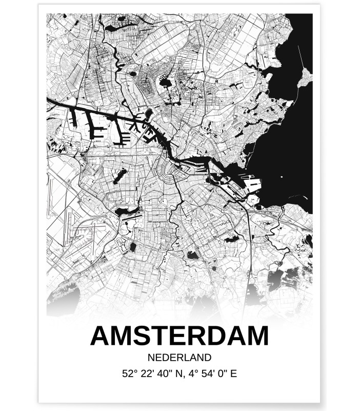 Affiche carte Amsterdam - rectangle Noir et Blanc
