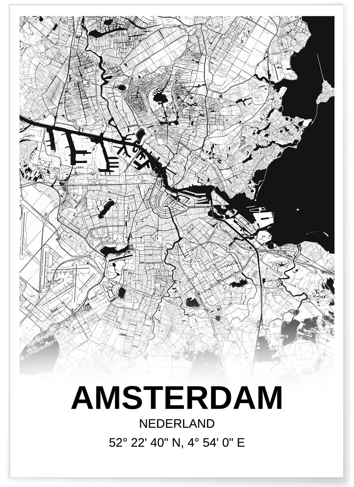 Affiche carte Amsterdam - rectangle Noir et Blanc