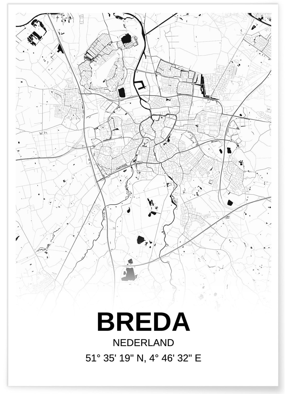 Affiche carte Breda - rectangle Noir et Blanc