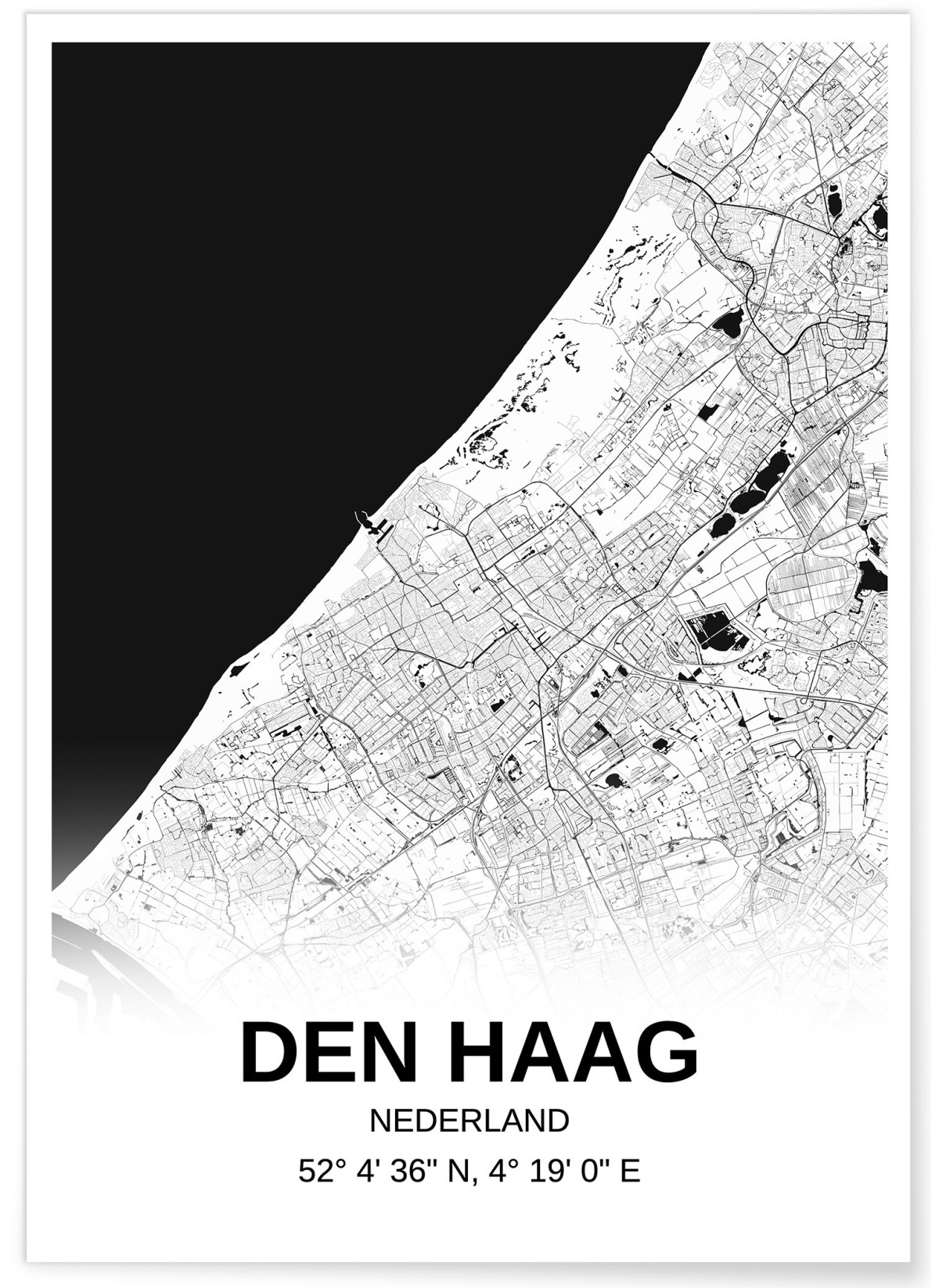 Affiche carte Den Haag - rectangle Noir et Blanc
