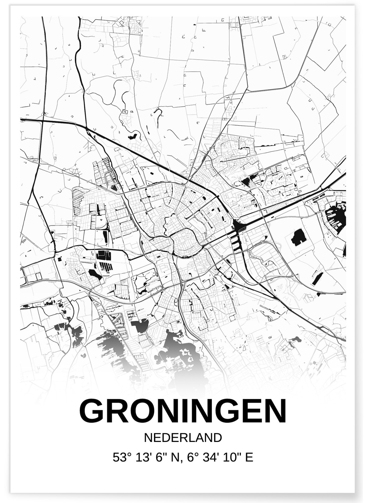 Affiche carte Groningen - rectangle Noir et Blanc