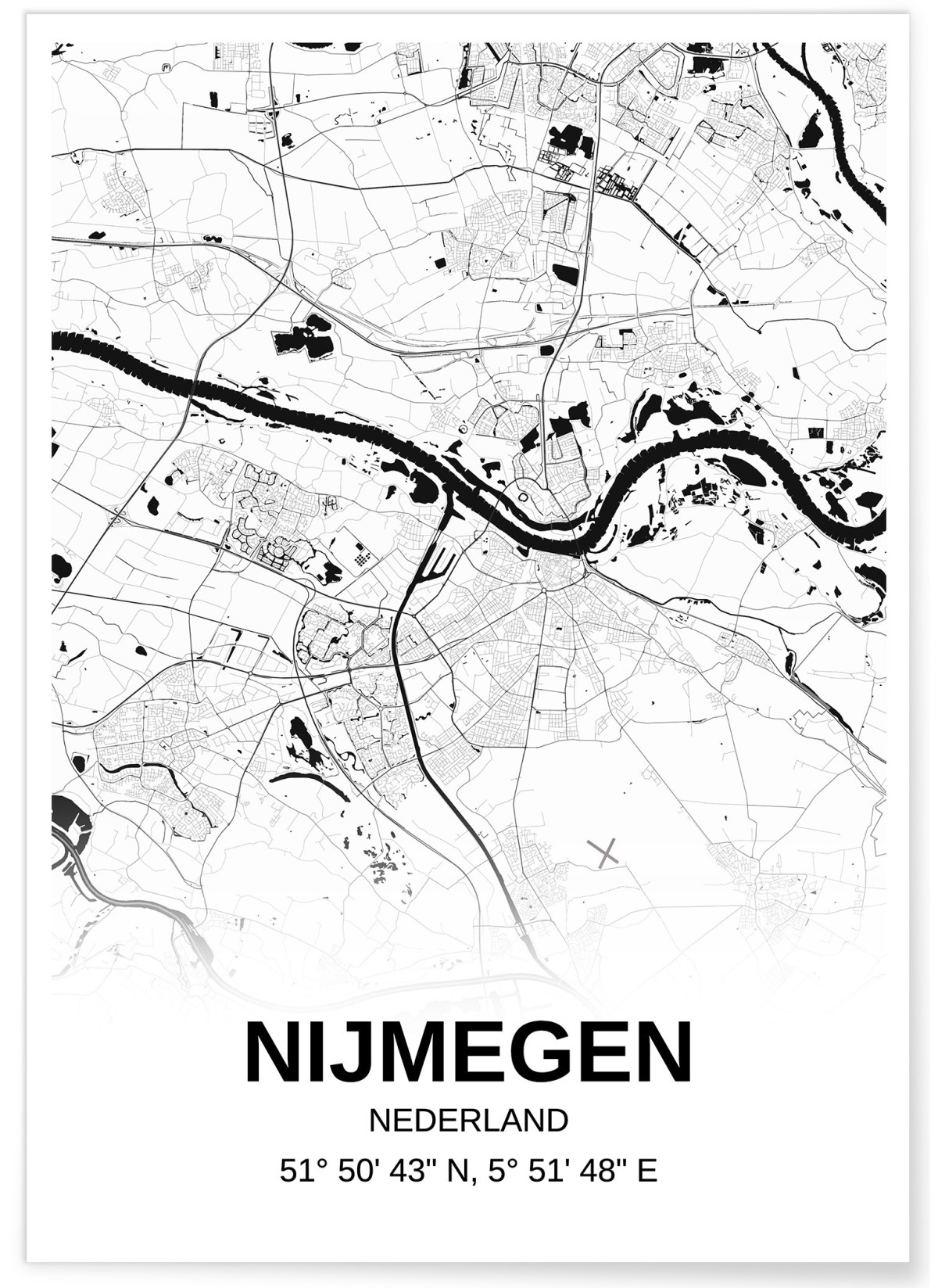 Affiche carte Nijmegen - rectangle Noir et Blanc