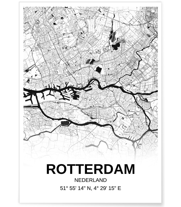 Affiche carte Rotterdam - rectangle Noir et Blanc