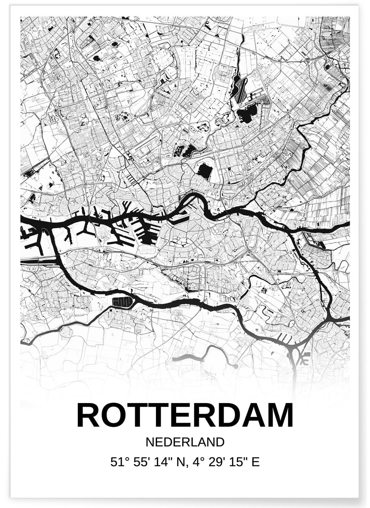 Affiche carte Rotterdam - rectangle Noir et Blanc