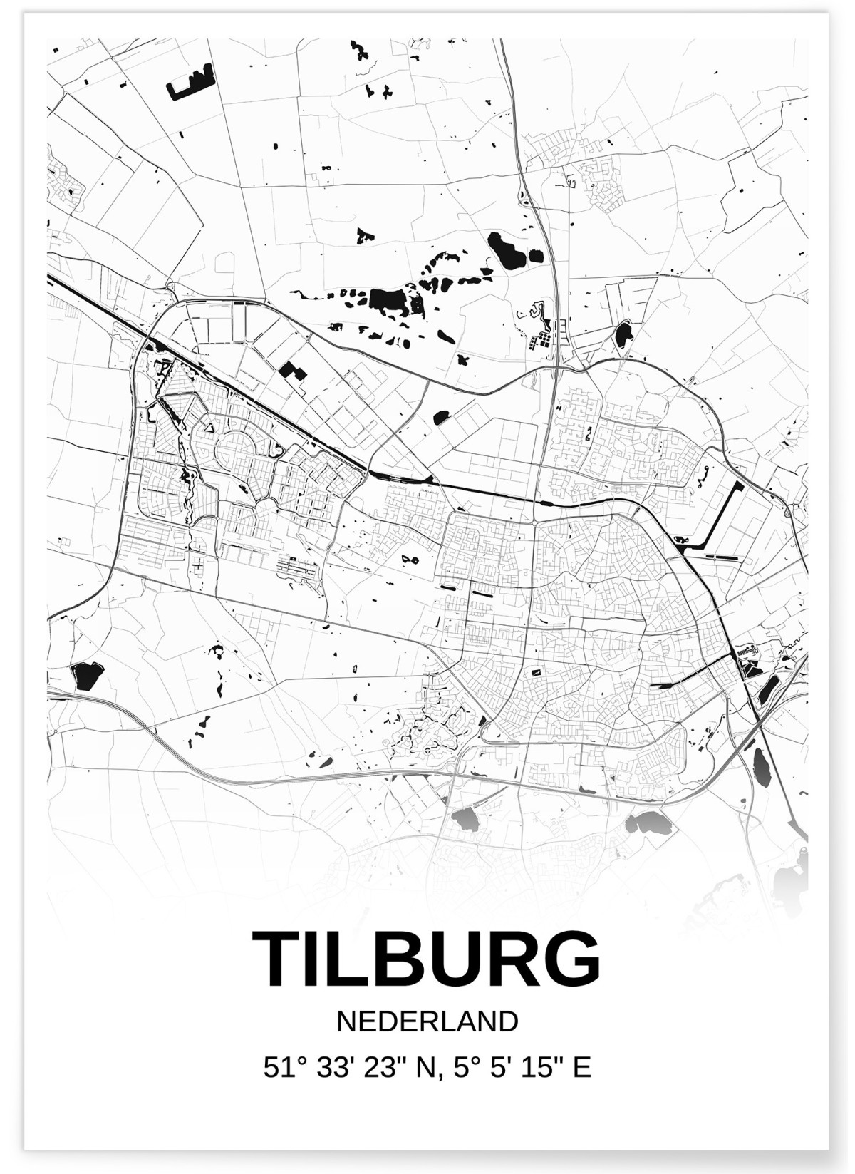 Affiche carte Tilburg - rectangle Noir et Blanc