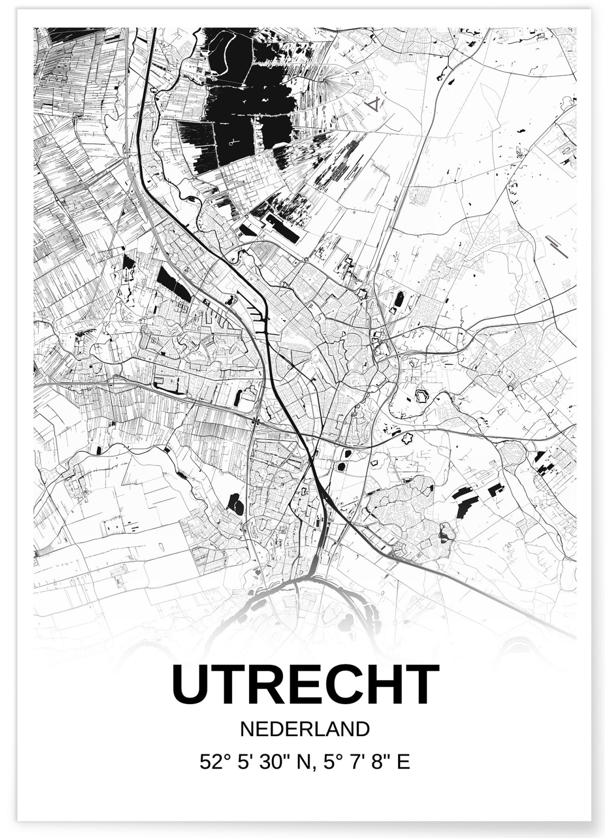 Affiche carte Utrecht - rectangle Noir et Blanc