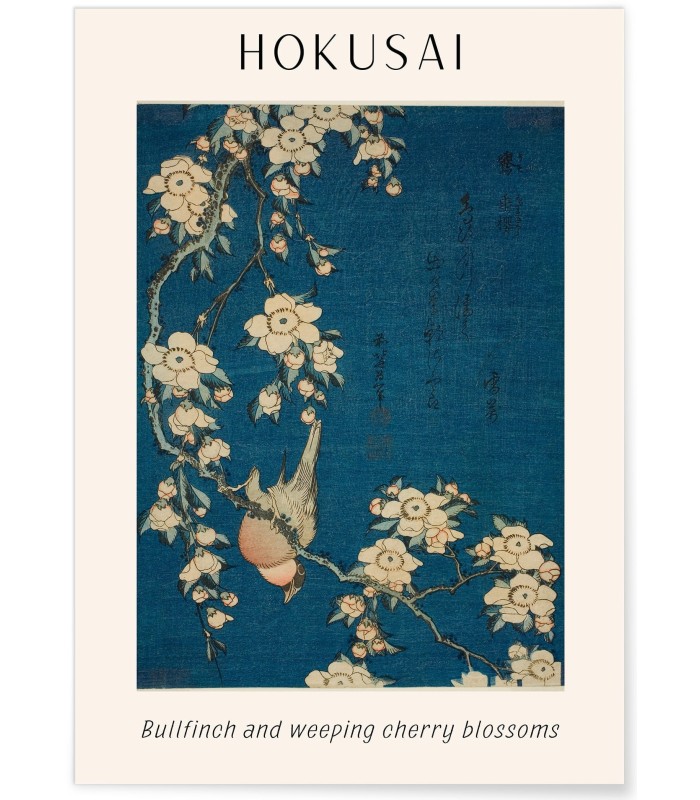 Affiche Hokusai "Bullfinch and weeping cherry blossoms"