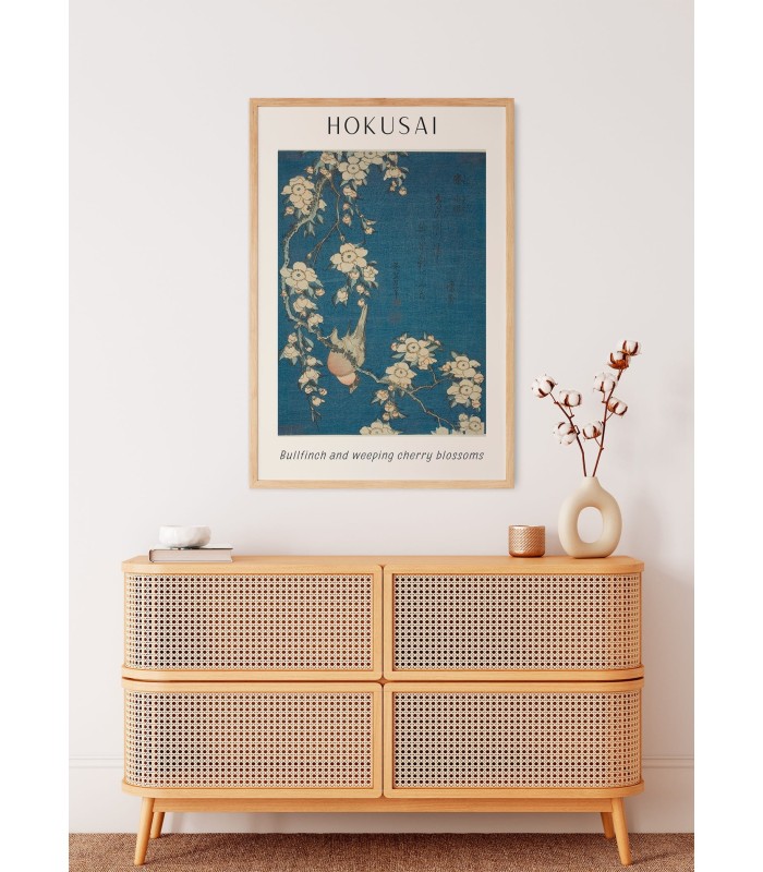 Affiche Hokusai "Bullfinch and weeping cherry blossoms"