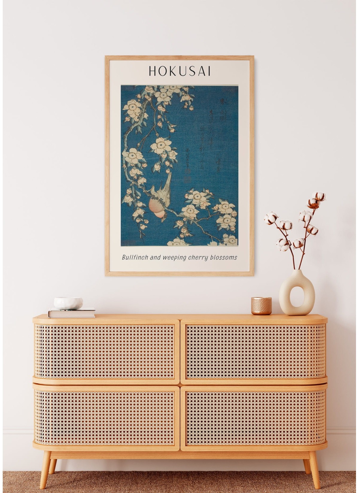 Affiche Hokusai "Bullfinch and weeping cherry blossoms"