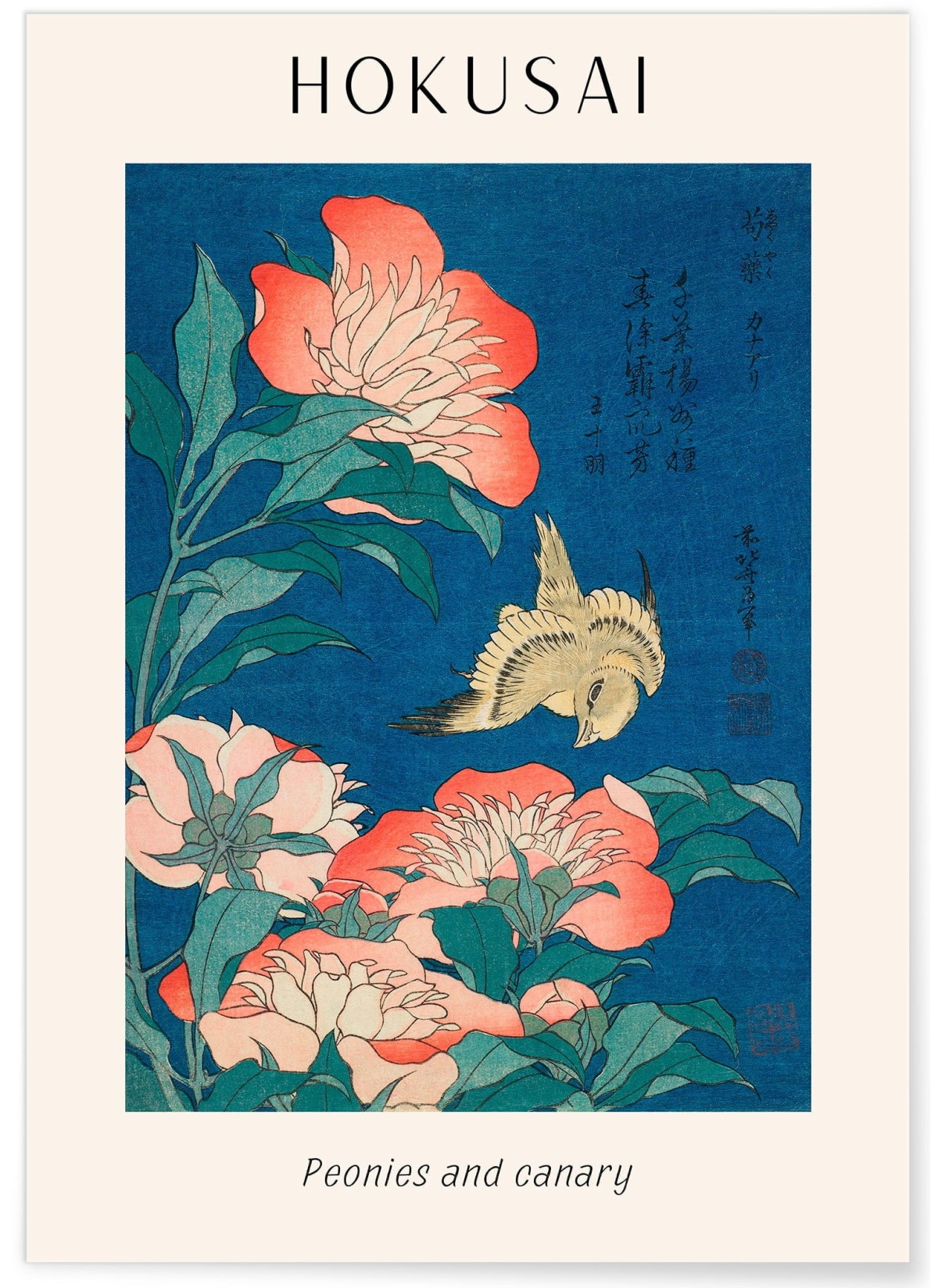 Affiche Hokusai "Peonies and Canary"