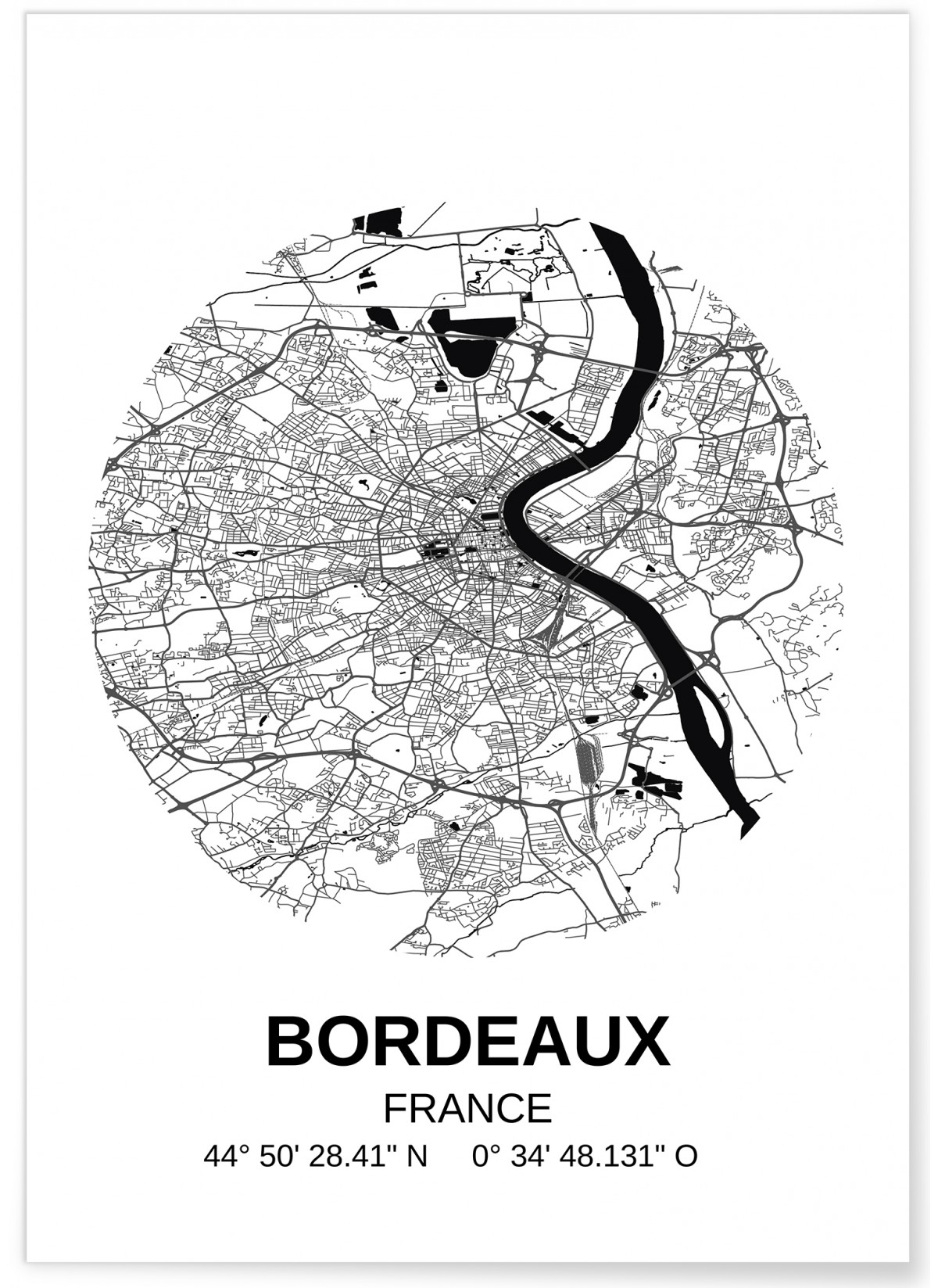 Affiche Bordeaux Minimalist Map Création originale Poster de Bordeaux Plan de ville City Map 