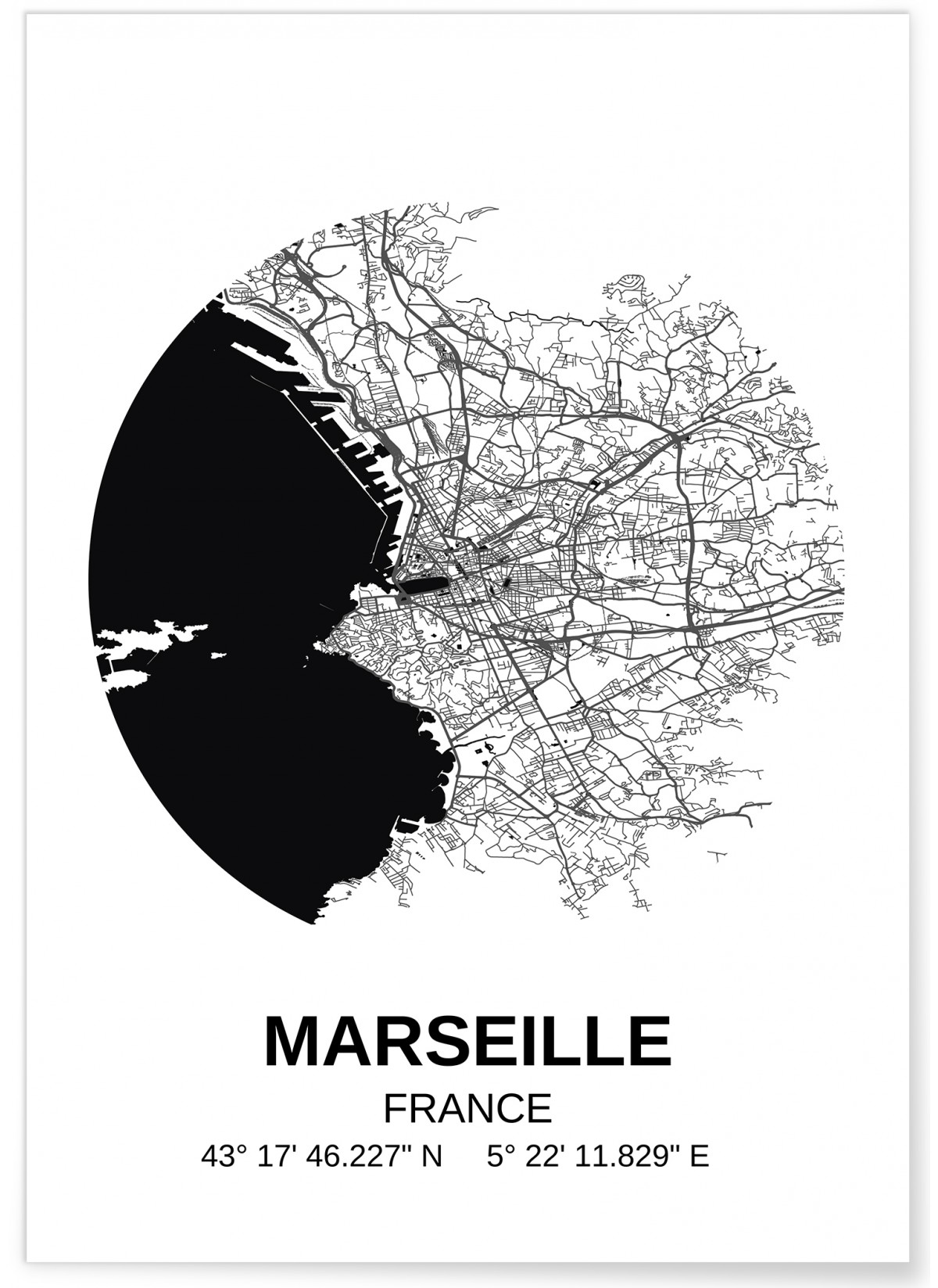 Plan de ville Poster de Marseille Création originale handmade Affiche Marseille France Minimalist Map Impression d'Art City Map 21 x 29,7 cm 