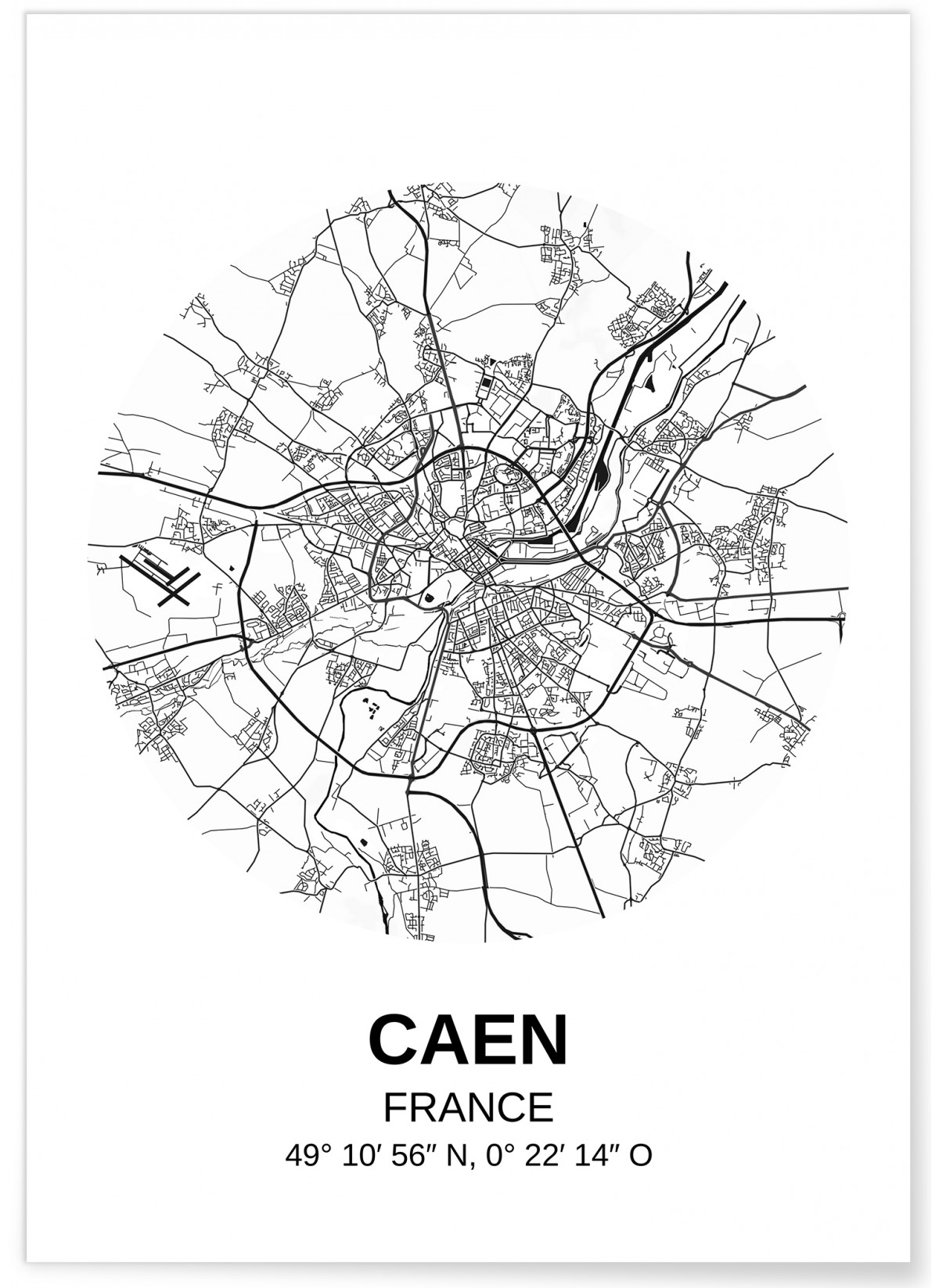 Création originale handmade Affiche Caen France Minimalist Map Plan de ville Poster City Map 