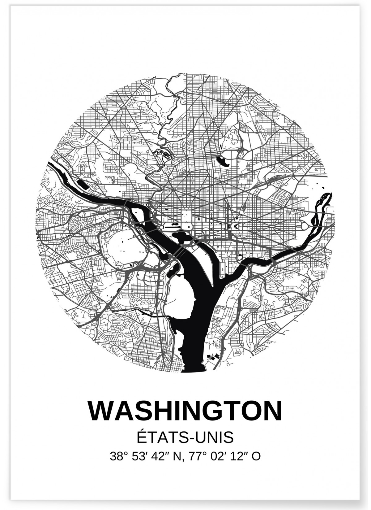 Carte Washington, Poster Ville à afficher dans le salon L’Afficherie